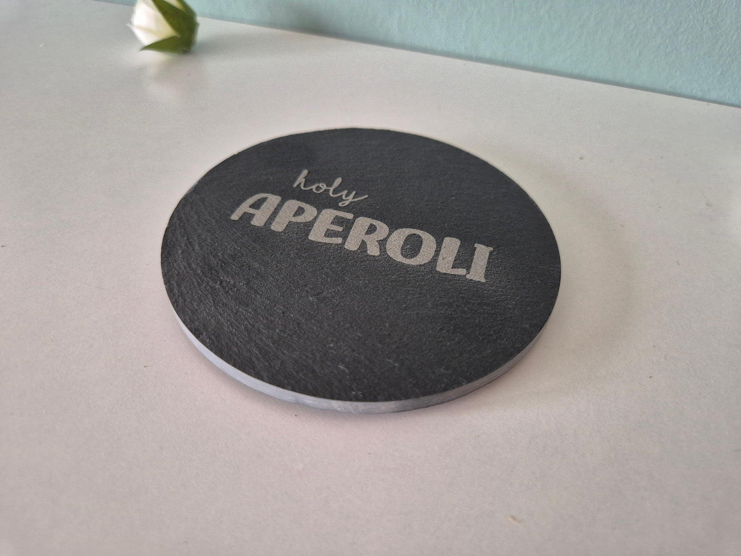 Schieferuntersetzer rund 10cm Durchmesser "Holy Aperoli"
